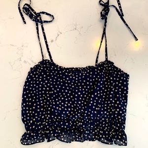 Tie Strap Crop Top Navy with Cream Polkadots